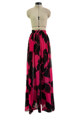 Multifunctional 1970s or 1980s Original Valentino Deep Pink & Black Printed Silk Chiffon Open Front Over Skirt