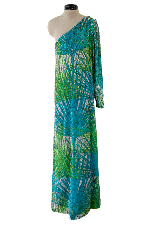 Phenomenal c.1972 La Mendola Hand Beaded Green Printed Caped One Shoulder Silk Jumpsuit