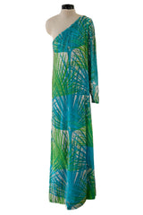 Phenomenal c.1972 La Mendola Hand Beaded Green Printed Caped One Shoulder Silk Jumpsuit
