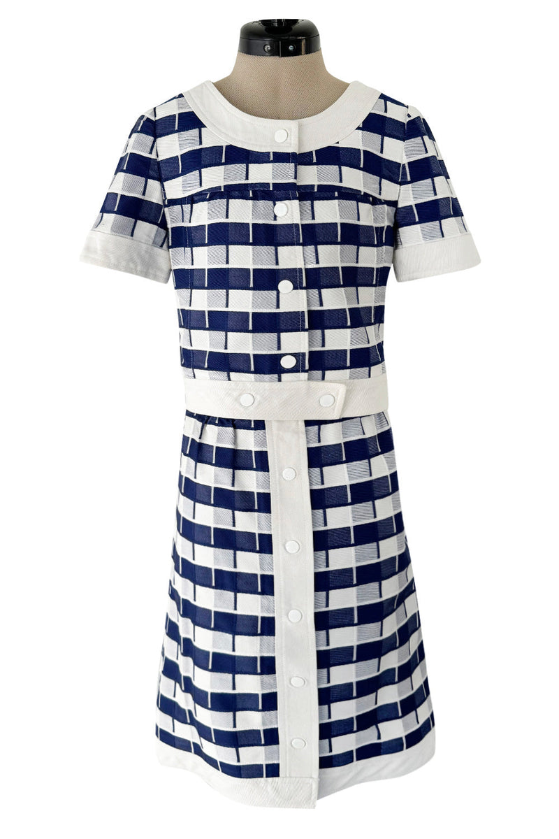 Cutest 1970s Andre Courreges Paris Numbered Hyperbole Blue & White Check Skirt & Jacket Suit Set