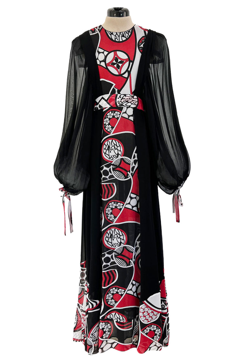 Extraordinary 1969 Thea Porter Black Silk Chiffon Dress w Red Print & Huge Balloon Sleeves