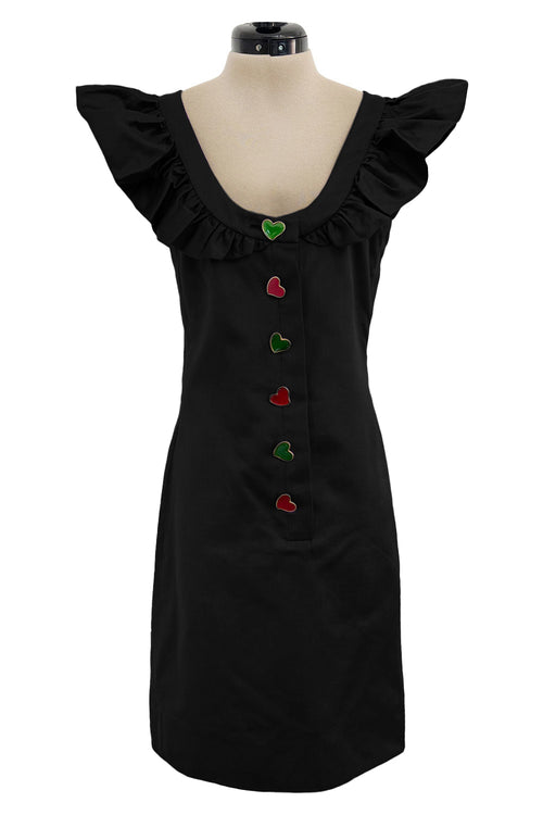 Spring 1992 Yves Saint Laurent Ad Campaign Black Dress w Green & Red Enamel Heart Buttons
