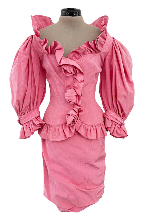 Phenomenal Spring 1988 Jean Louis Scherrer Haute Couture Pink Ruffle Suit w Balloon Sleeves
