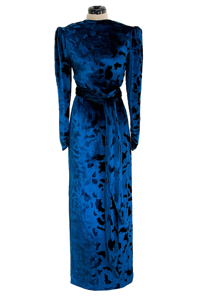 Fabulous Fall 1986 Bill Blass Runway Brilliant Blue Silk Velvet Dress w Open Cut Out Back