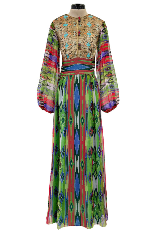 Exceptional Early 1970s Thea Porter Book Documented Faye Dress in Ikat SIlk Chiffon & Brocade