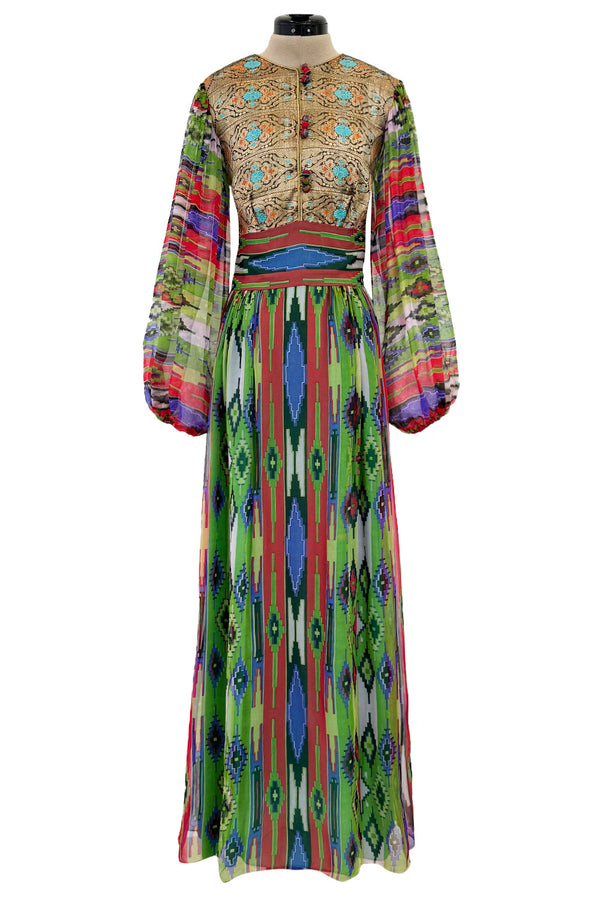 Exceptional Early 1970s Thea Porter Book Documented Faye Dress in Ikat SIlk Chiffon & Brocade