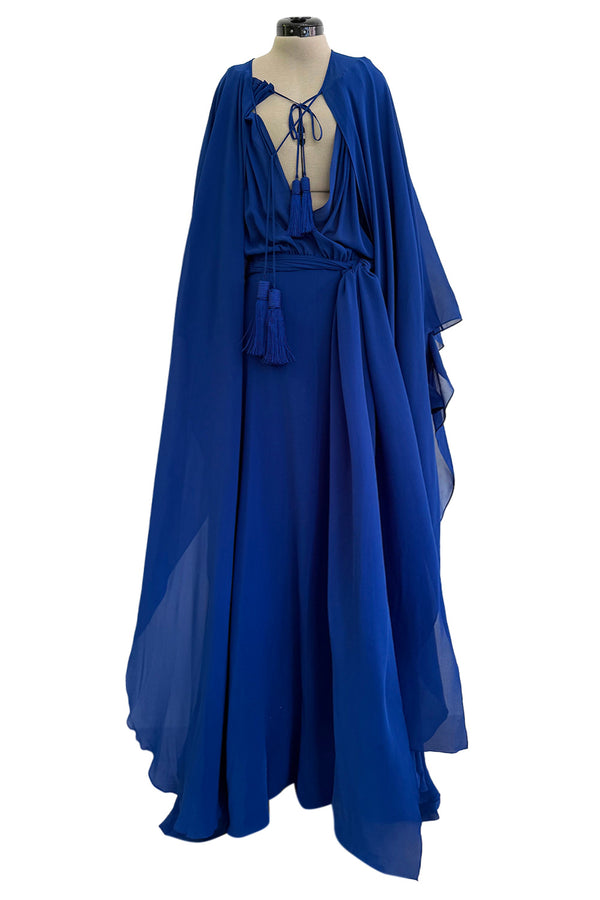 Superb Spring 2013 Yves Saint Laurent Hedi Slimane Debut Runway Blue Dress Silk Chiffon w Matching Cape & Sash