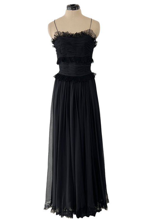 Prettiest 1992 Chanel by Karl Lagerfeld Black Silk Chiffon Dress w Black Lace Detailing