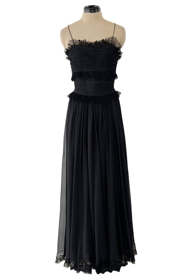 Prettiest 1992 Chanel by Karl Lagerfeld Black Silk Chiffon Dress w Black Lace Detailing