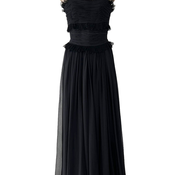 Prettiest 1992 Chanel by Karl Lagerfeld Black Silk Chiffon Dress w Black  Lace Detailing