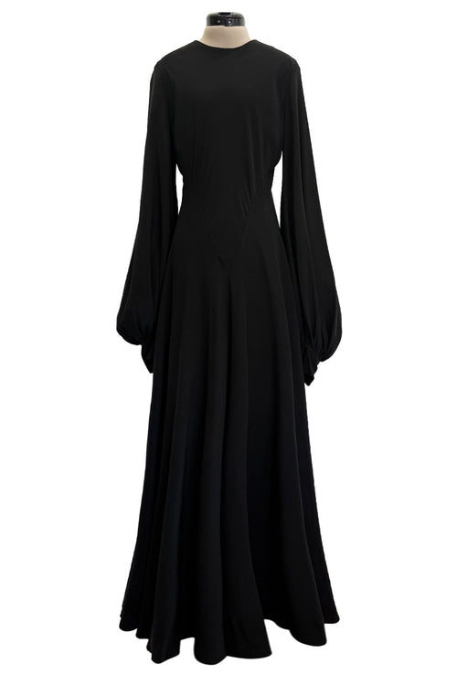 Exceptional 1970s George Stavropoulos Couture Black Silk & Bias Cut Dress w Balloon Sleeves & Flowing Skirt