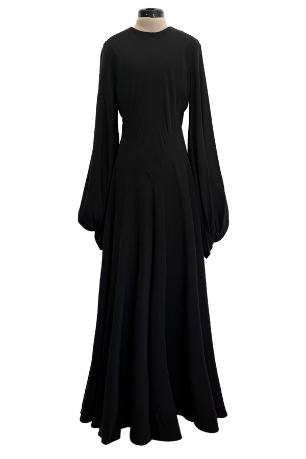 Exceptional 1970s George Stavropoulos Couture Black Silk & Bias Cut Dress w Balloon Sleeves & Flowing Skirt