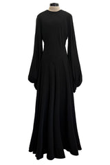 Exceptional 1970s George Stavropoulos Couture Black Silk & Bias Cut Dress w Balloon Sleeves & Flowing Skirt