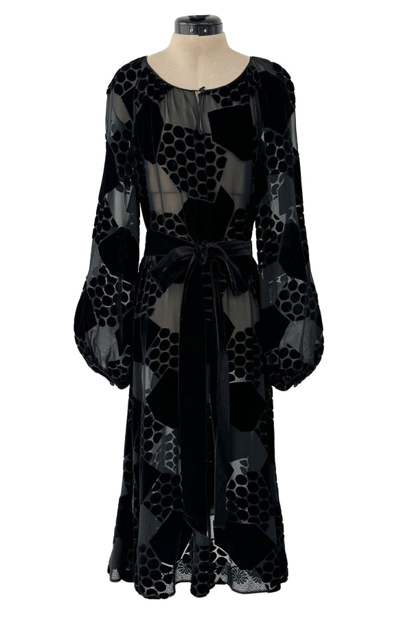 Fantastic Early 1970s Miss Dior Black Silk Velvet Fused Onto Black Transparent Silk Chiffon Dress