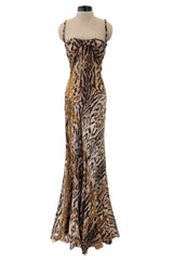 Sexiest 2003 Roberto Cavalli Laced Back Corset Leopard Print Silk Chiffon Dress w Stitched Panels