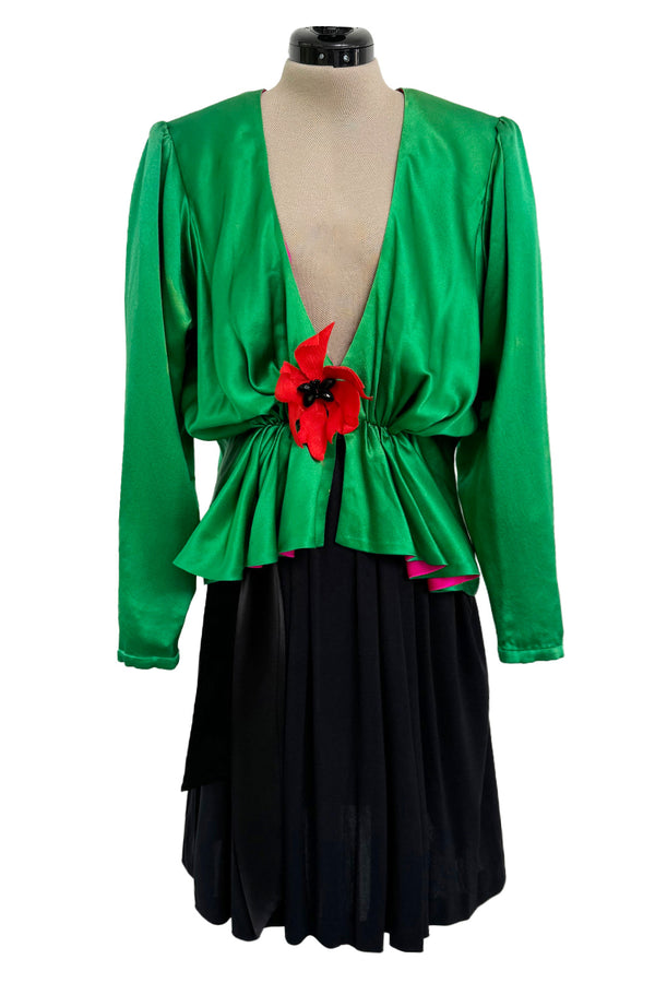 Incredible Spring 1990 Yves Saint Laurent Runway Brilliant Green Jacket w Pink Lining & Black Skirt Set