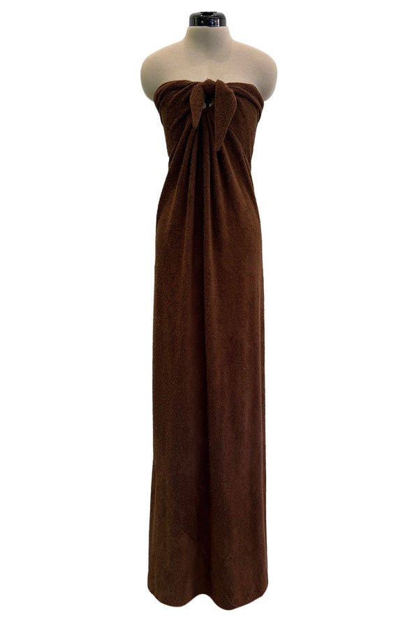 Ultra Rare 1976 Halston Iconic Front Tying Easy to Wear Column Dress in a Bias Cut Chocolate Brown Terry Cloth