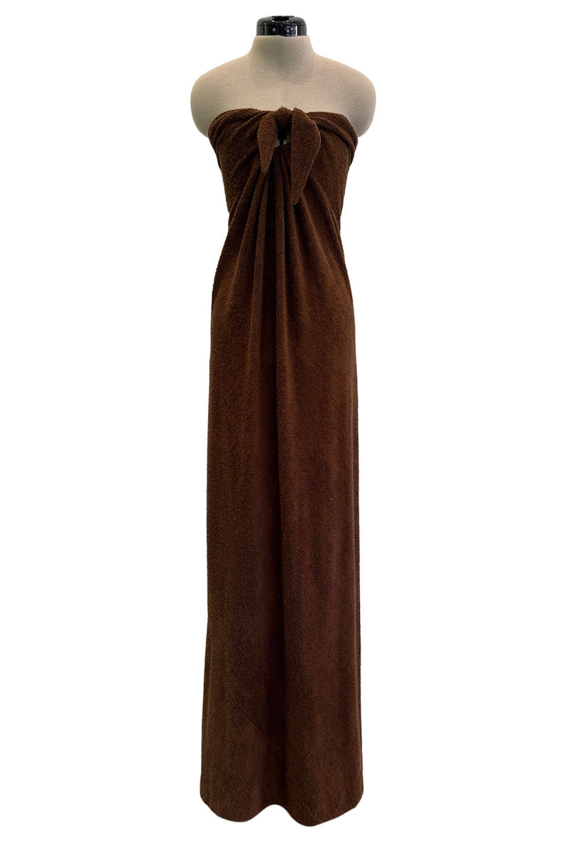 Ultra Rare 1976 Halston Iconic Front Tying Easy to Wear Column Dress in a Bias Cut Chocolate Brown Terry Cloth