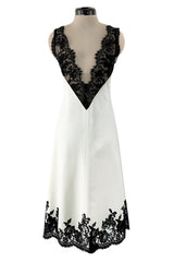Spring 2016 Celine by Pheobe Philo Runway White Silk & Black Lace Plunge Dress