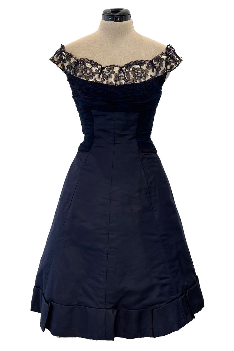 Elegant 1950s Jobere New York Deep Blue Silk & Silk Chiffon Dress w La Shrimpton Couture Elegant 1950s Jobere New York Deep Blue Silk & Silk Chiffon Dress w La Shrimpton Couture
