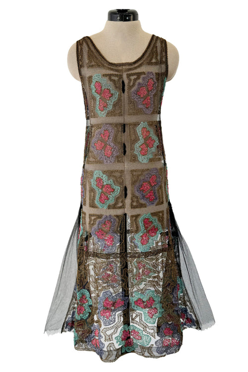 Intricate 1920s Unlabeled Gold Metallic Lame Thread & Sequin on Black Silk Net Flapper Dress