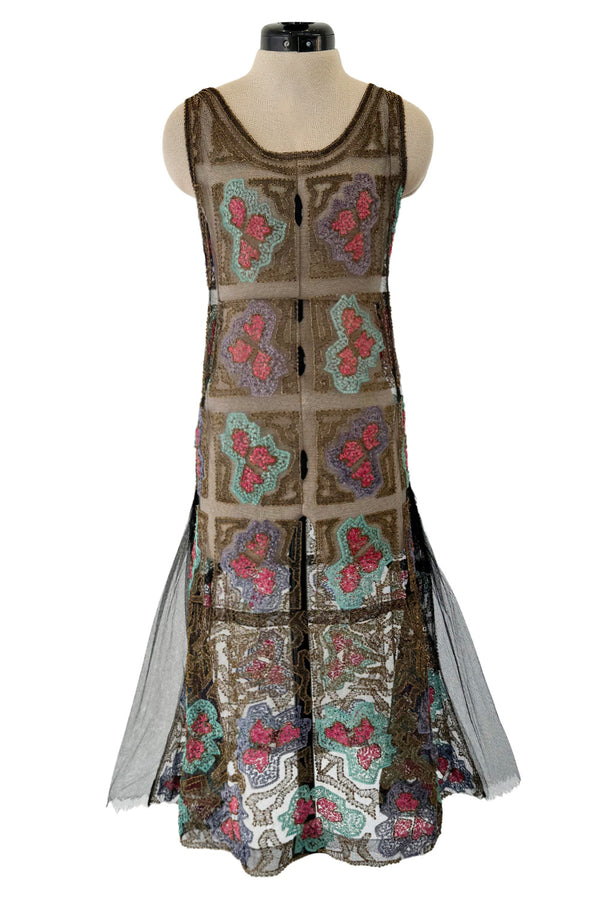 Intricate 1920s Unlabeled Gold Metallic Lame Thread & Sequin on Black Silk Net Flapper Dress