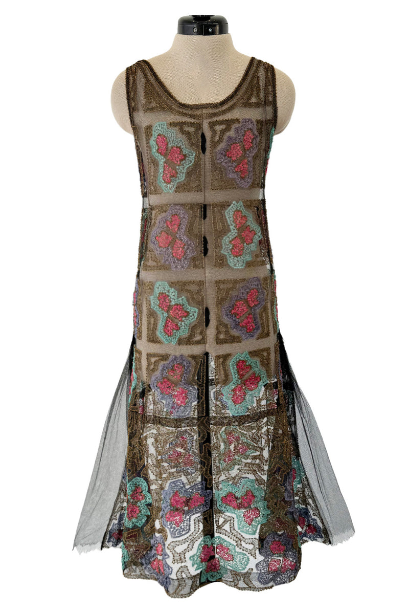 Intricate 1920s Unlabeled Gold Metallic Lame Thread & Sequin on Black Silk Net Flapper Dress