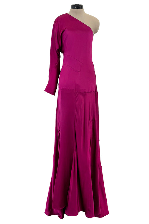 Chic Spring 2008 Yves Saint Laurent by Stefano Pilati Runway Look 35 Deep Fuchsia Pink Silk One Shoulder Dress