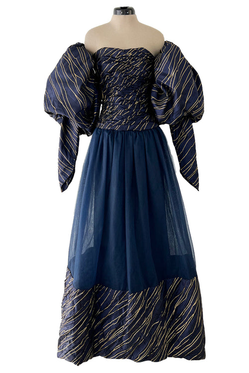 Very Rare Fall 1986 Chanel by Karl Lagerfeld Blue & Gold Strapless w Removable Sleeves