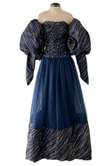 Very Rare Fall 1986 Chanel by Karl Lagerfeld Blue & Gold Strapless w Removable Sleeves