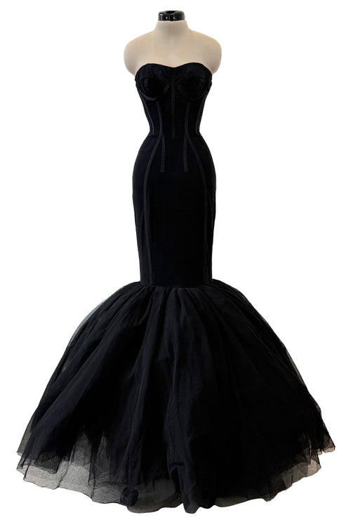 Rare 2008 Dolce & Gabbana Black Silk Net Corset Lace Up Dress w Massive Lower Skirts