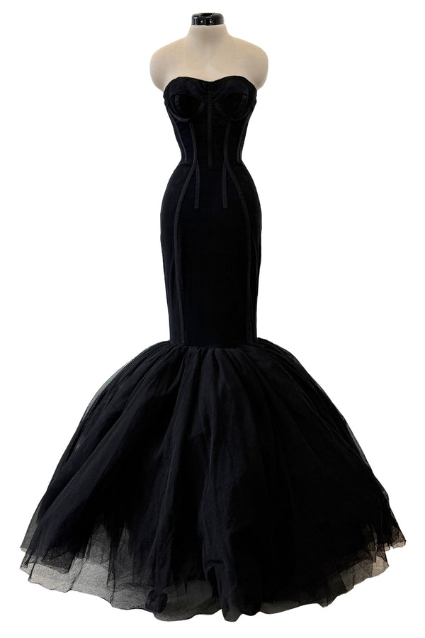 Rare 2008 Dolce & Gabbana Black Silk Net Corset Lace Up Dress w Massive Lower Skirts