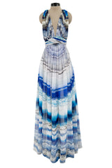 Resort 2010 Alexander McQueen Silk Chiffon Blue Print Dress w Plunging Front & Open Back