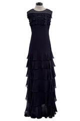 Spring 2001 Chanel by Karl Lagerfeld Midnight Blue Silk Chiffon Dress w Ruffles & Low Back