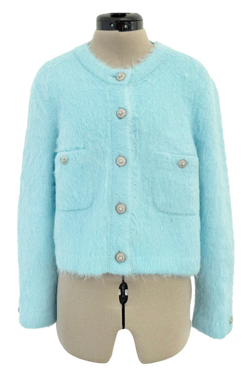 Fall 2019 Chanel by Karl Lagerfeld Pastel Baby Blue Knit Jacket w Handmade Snowflake Buttons