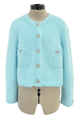 Fall 2019 Chanel by Karl Lagerfeld Pastel Baby Blue Knit Jacket w Handmade Snowflake Buttons