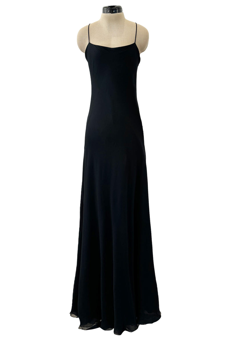 Exceptional 1970s George Stavropoulos Perfectly Minimalist Bias Cut Black Silk Chiffon Dress