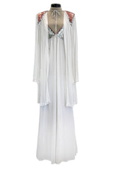 Late 1970s Ossie Clark White Jersey w Silver & Bronze Sequin Halter Dress w Matching Jacket