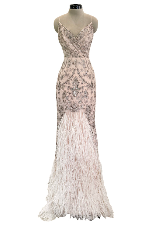 Dreamy Spring 2012 Oscar de la Renta Runway Look 47 Nude Pink Feather Dress w Silver Thread Flowers Detailing