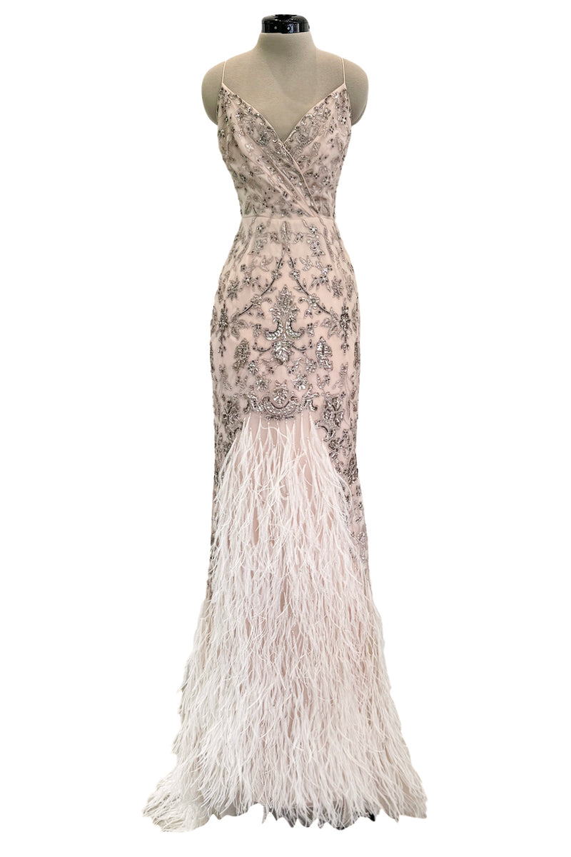 Dreamy Spring 2012 Oscar de la Renta Runway Look 47 Nude Pink Feather Dress w Silver Thread Flowers Detailing
