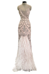 Dreamy Spring 2012 Oscar de la Renta Runway Look 47 Nude Pink Feather Dress w Silver Thread Flowers Detailing