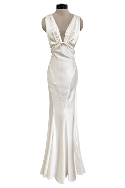 Iconic Spring 2006 Roberto Cavalli Front Plung & Open Back Heavily Detailed w Rhinestone Bias Cut Ivory Silk Dress