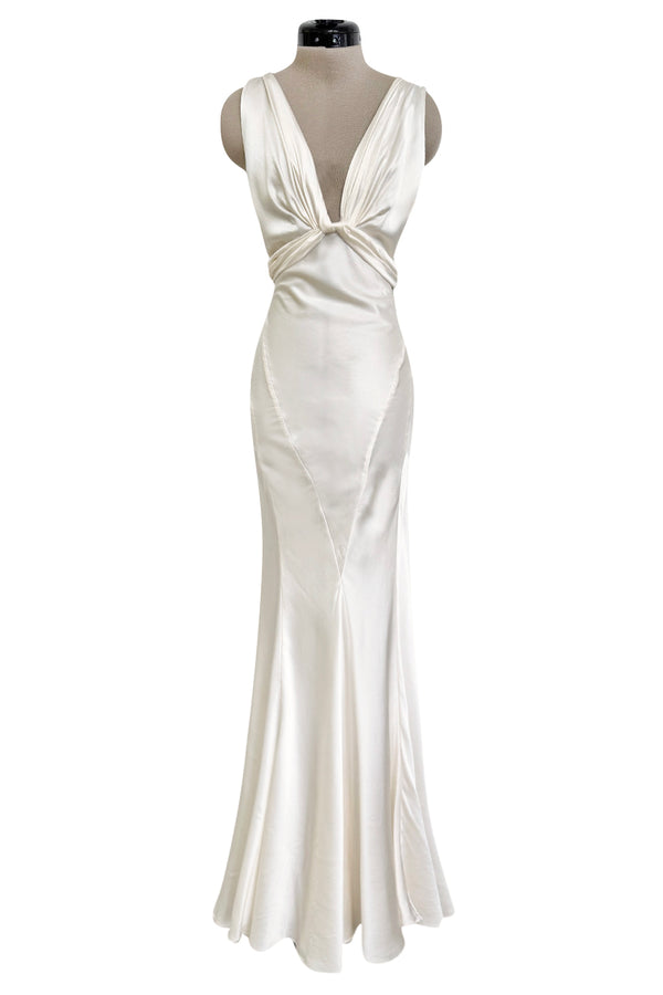 Iconic Spring 2006 Roberto Cavalli Front Plung & Open Back Heavily Detailed w Rhinestone Bias Cut Ivory Silk Dress