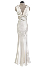 Iconic Spring 2006 Roberto Cavalli Front Plung & Open Back Heavily Detailed w Rhinestone Bias Cut Ivory Silk Dress