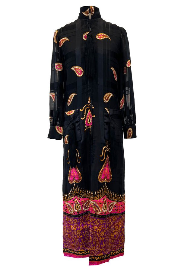 Documented Fall 1970 Valentino Printed Black Ribbon Silk Chiffon Dress w Huge Tassel Detail