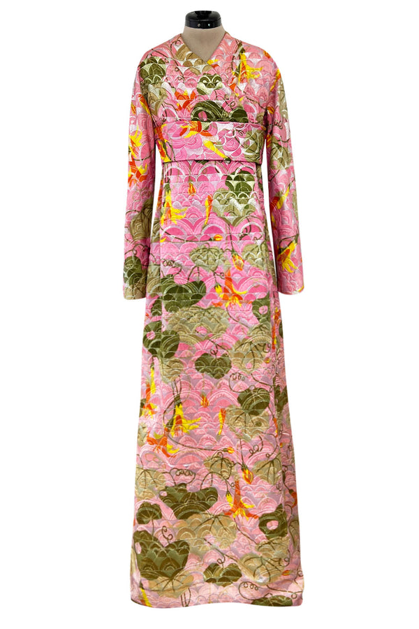 Stunning Fall 1970 Bill Blass Pink Quilted SIlk Floral Pattern Metallic Dress w Banded Waist