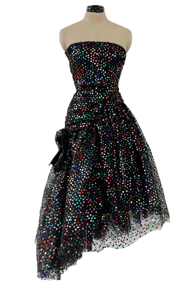 Gorgeous 1980s Arnold Scaasi Black Net Dress w Multi Colour Sequins & Asymmetrical Skirt