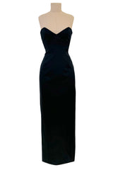 Perfectly Minimalist 1990s Richard Tyler Couture Sleek Sweetheart Neckline Strapless Black Silk Dress