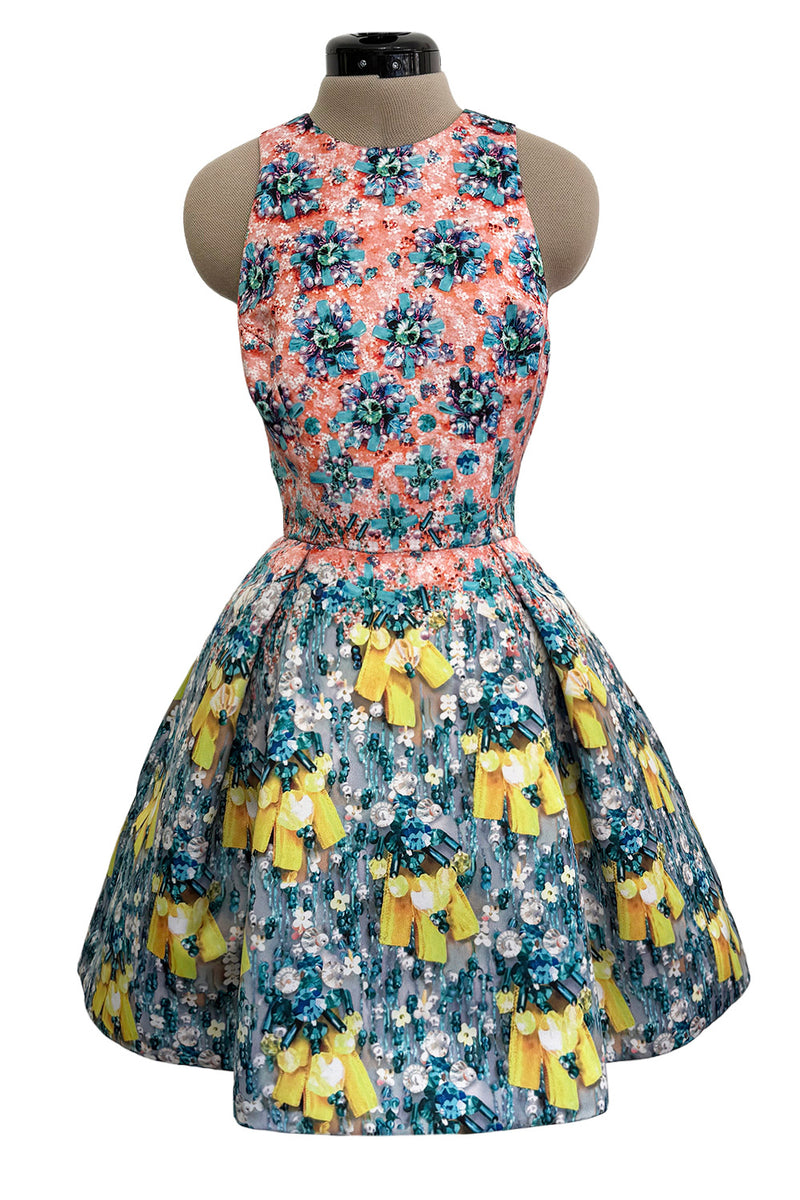 Prettiest Spring 2014 Mary Katrantzou Runway Look 19 Printed Beaded Mini Dress w Full Skirt