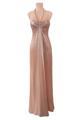 Outstanding Fall 2000 Thierry Mugler Dusty Pink Metallic Dress w Rhinestone & Metal Collar